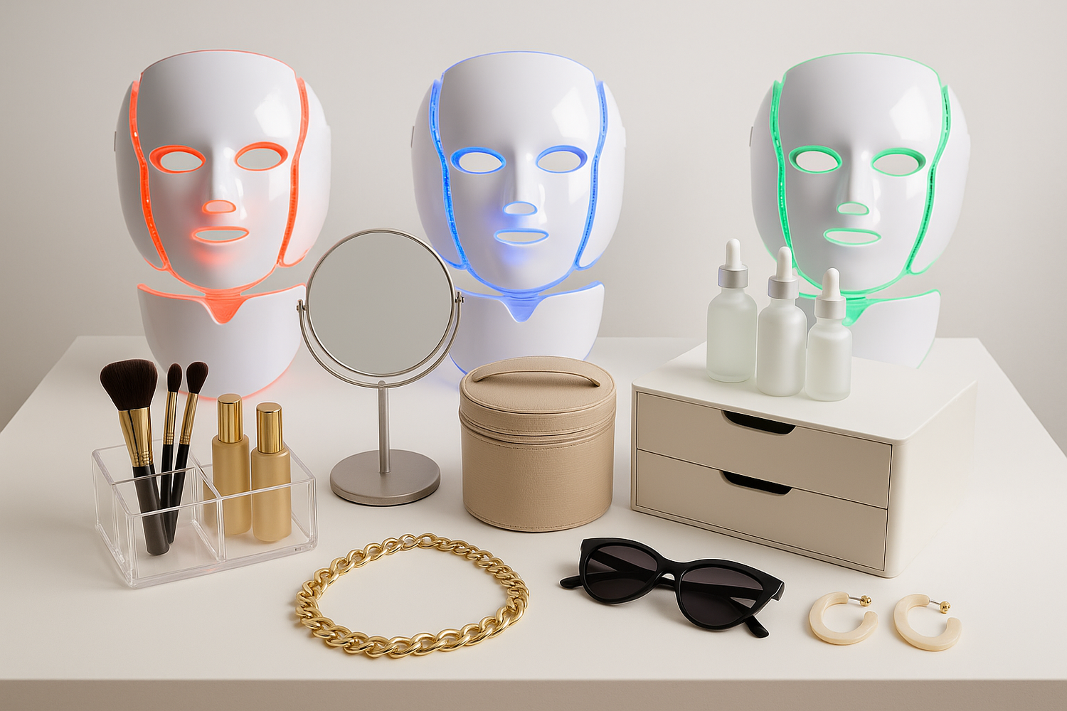 Una mesa con varios productos (mascarillas LED, organizadores, accesorios)